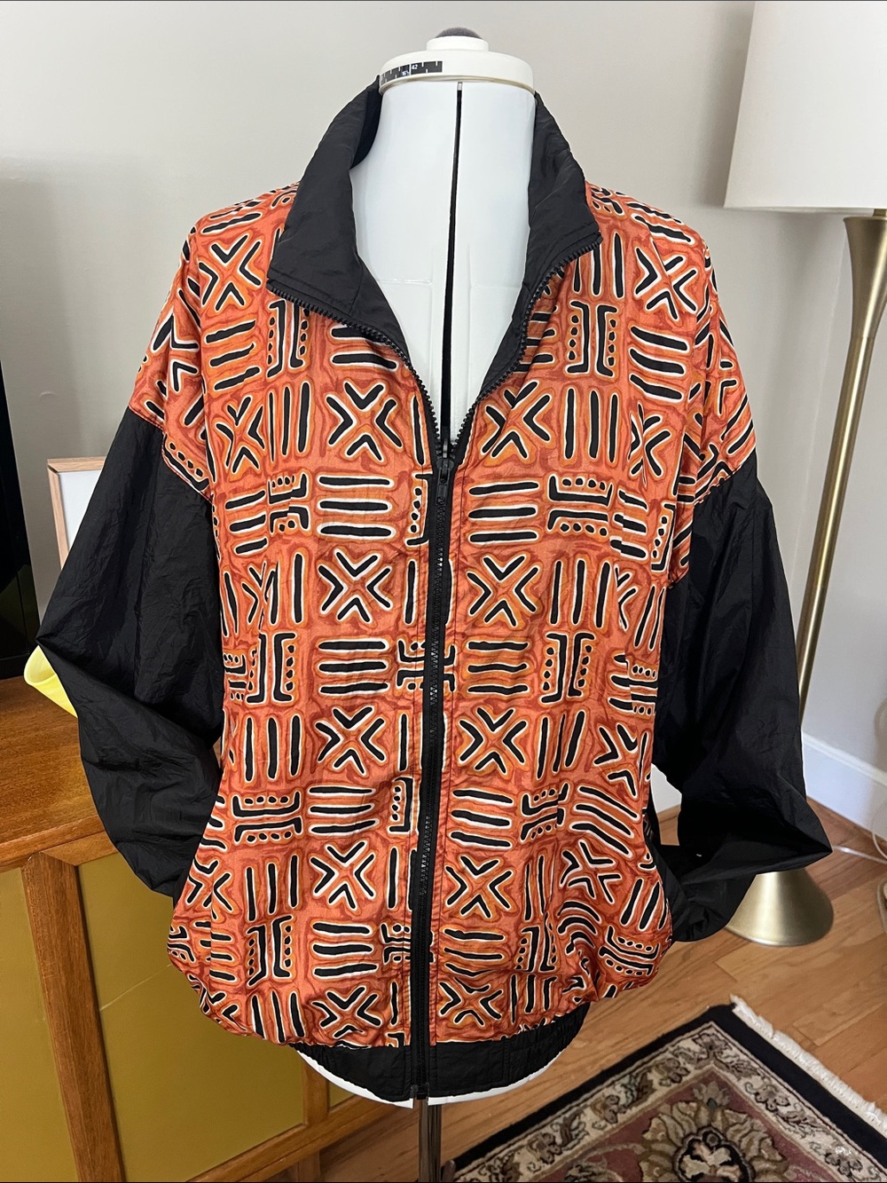 Avon 90s Orange Patterned Windbreaker with Black Sleeves